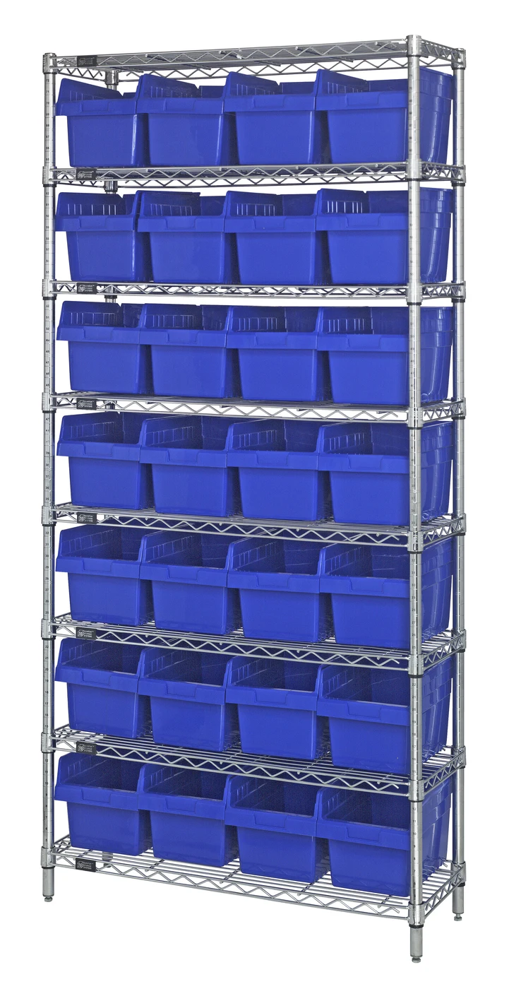 Quantum WR8-808BL Bin Wire Shelving System, 36"W x 18"D x 74"H, 800 lb capacity, Chrome