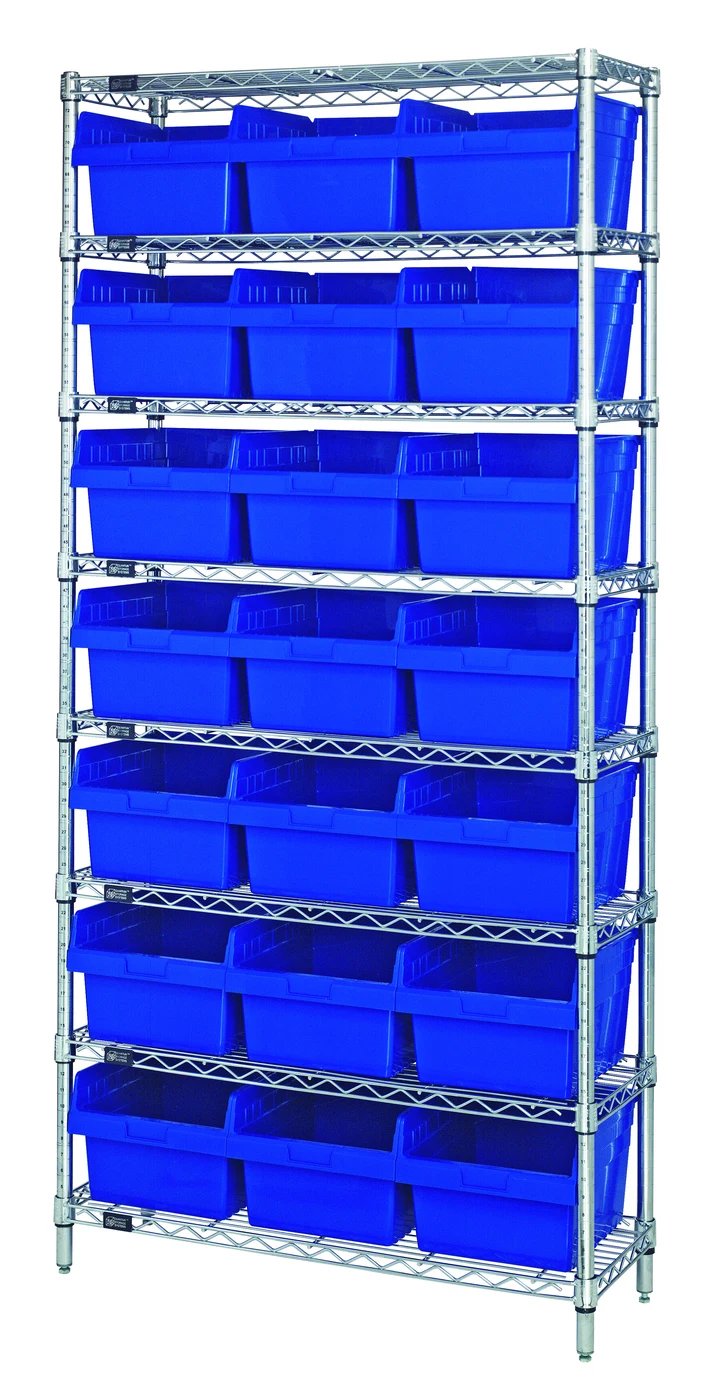 Quantum WR8-809BL Bin Wire Shelving System, 36"W x 12"D x 74"H, 800 lb capacity, Chrome