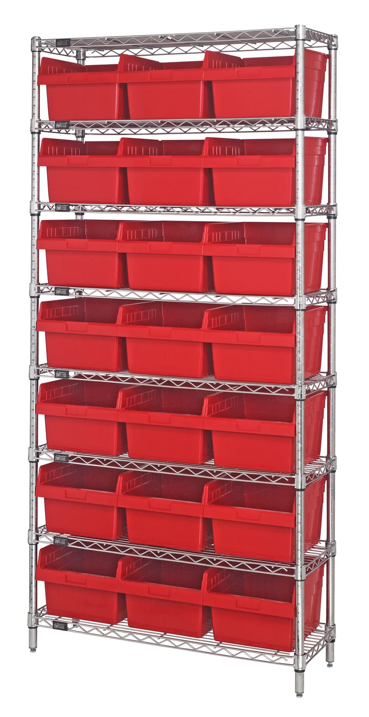 Quantum WR8-809RD Bin Wire Shelving System, 36"W x 12"D x 74"H, 800 lb capacity, Chrome