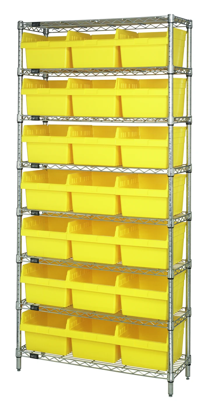 Quantum WR8-809YL Bin Wire Shelving System, 36"W x 12"D x 74"H, 800 lb capacity, Chrome