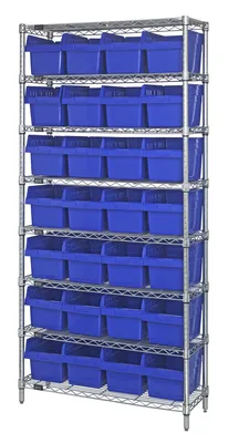 Quantum WR8-814BL Bin Wire Shelving System, 36"W x 24"D x 74"H, 800 lb capacity, Chrome