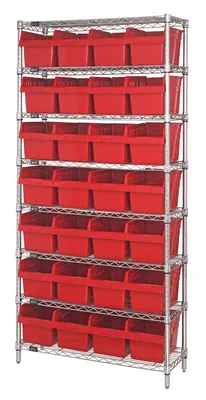 Quantum WR8-814RD Bin Wire Shelving System, 36"W x 24"D x 74"H, 800 lb capacity, Chrome