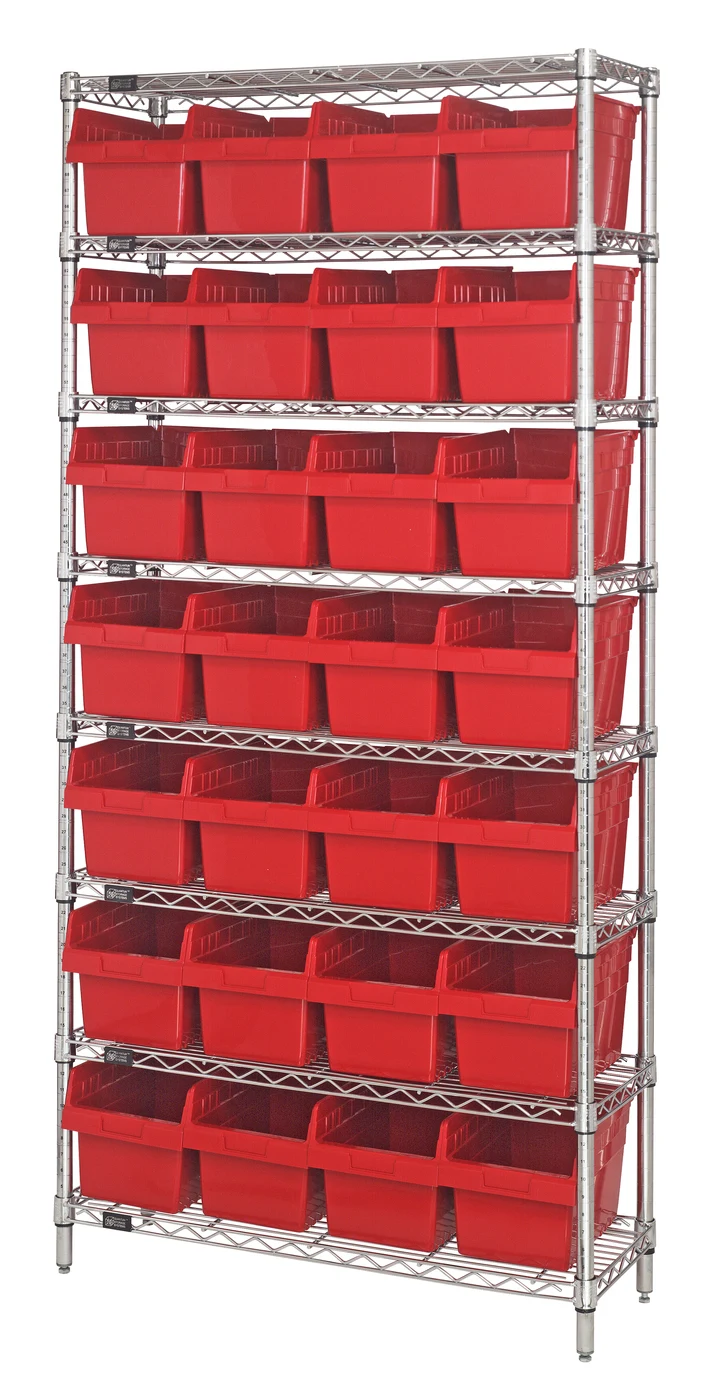 Quantum WR8-814RD Bin Wire Shelving System, 36"W x 24"D x 74"H, 800 lb capacity, Chrome
