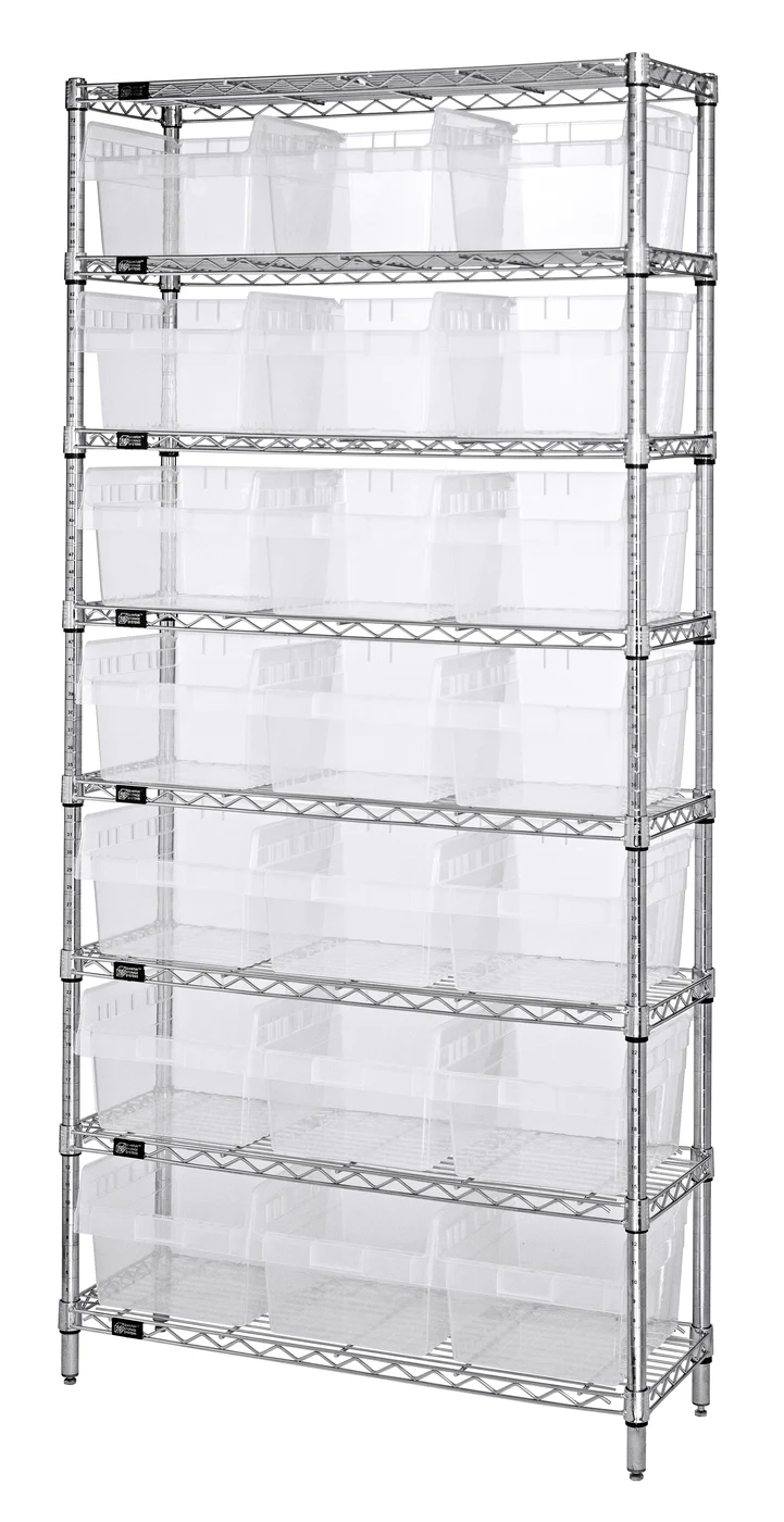 Quantum WR8-816CL Bin Wire Shelving System, 36"W x 24"D x 74"H, 800 lb capacity, Chrome