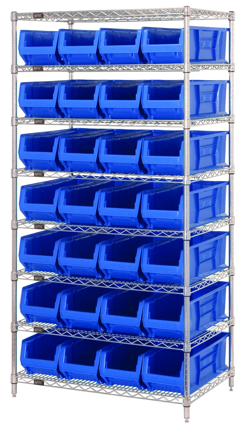 Quantum WR8-950BL Stationary Bin Systems Unit, 36"W x 24"D x 74"H, 800 lb capacity, Chrome