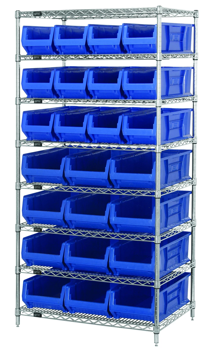 Quantum WR8-950952BL Bin Wire Shelving System, 36"W x 24"D x 74"H, 800 lb capacity, Chrome