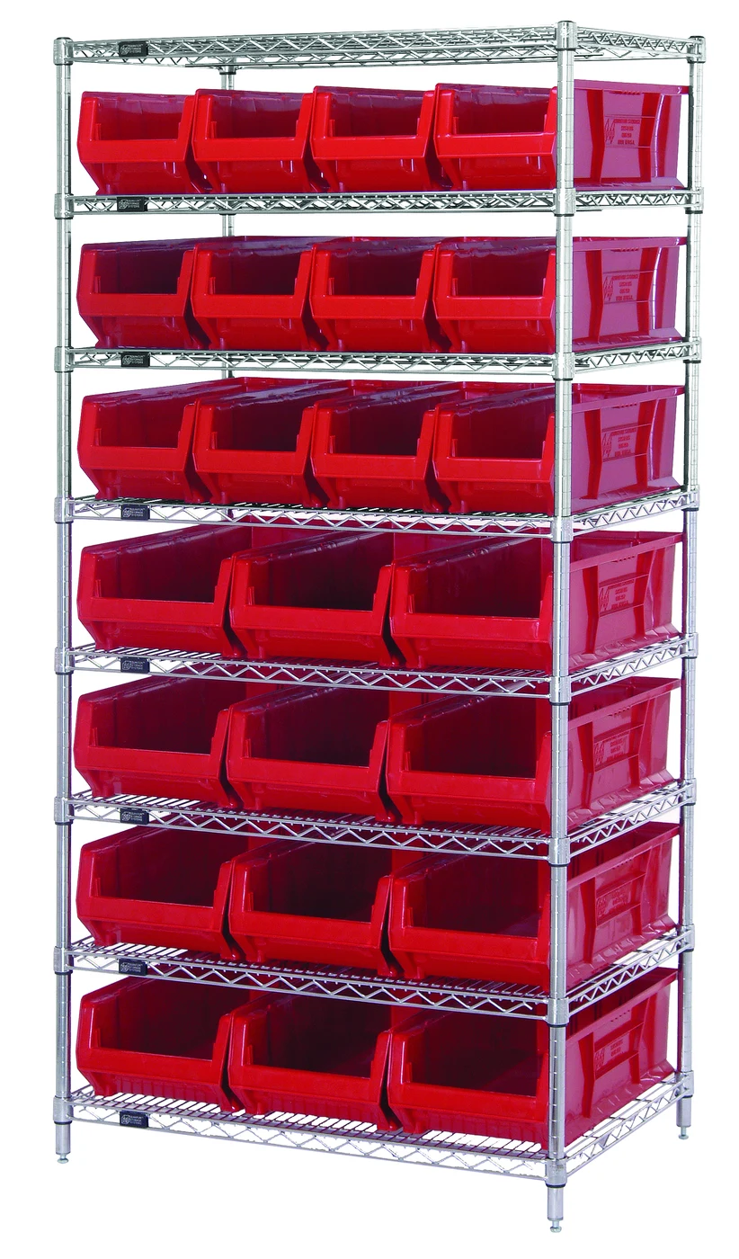 Quantum WR8-950952RD Bin Wire Shelving System, 36"W x 24"D x 74"H, 800 lb capacity, Chrome