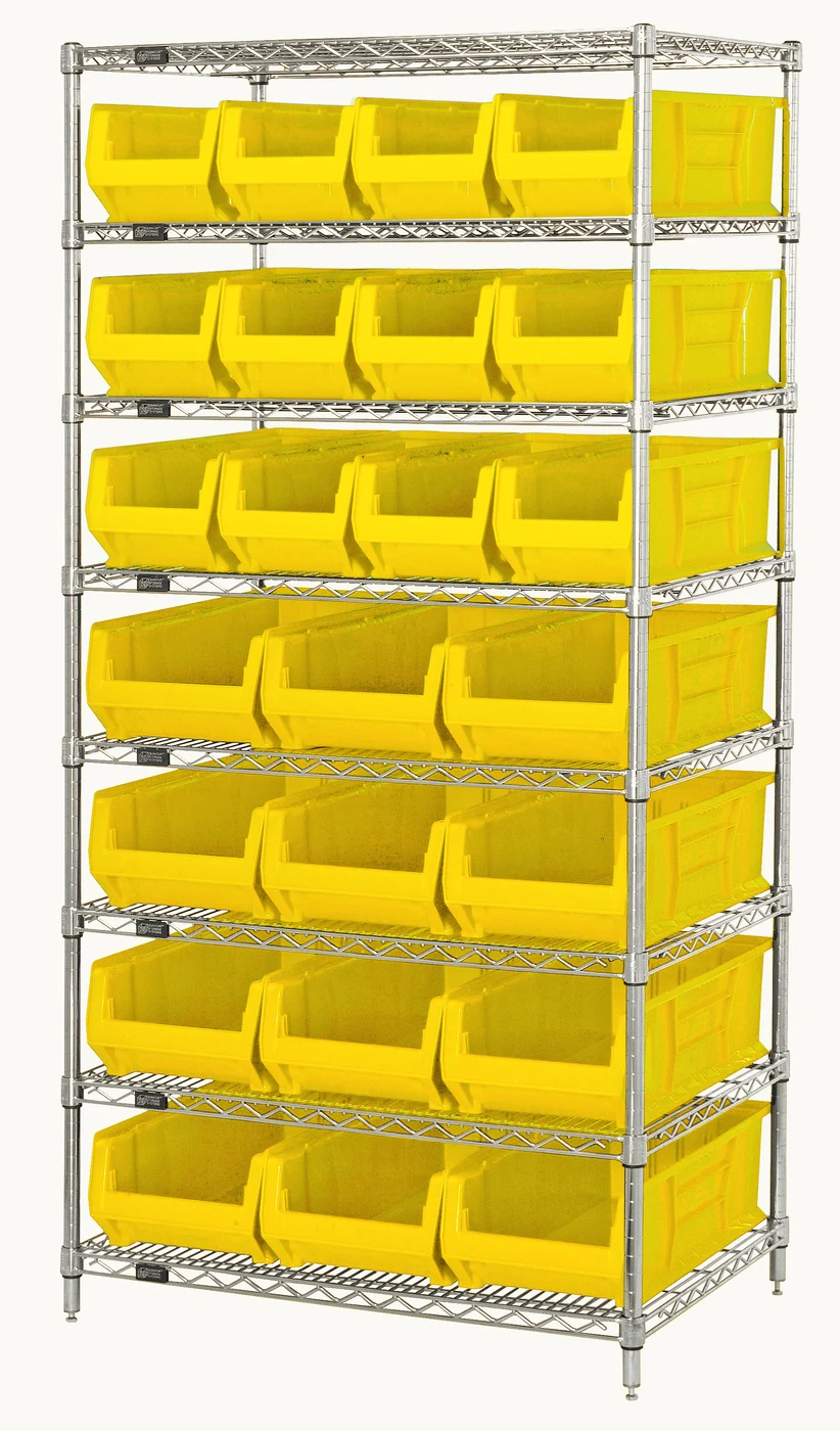 Quantum WR8-950952YL Bin Wire Shelving System, 36"W x 24"D x 74"H, 800 lb capacity, Chrome