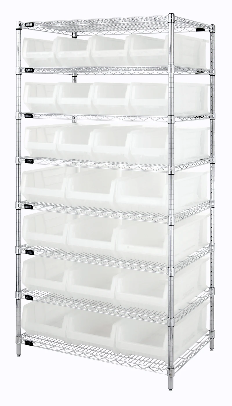 Quantum WR8-950952CL Bin Wire Shelving System, 36"W x 24"D x 74"H, 800 lb capacity, Chrome