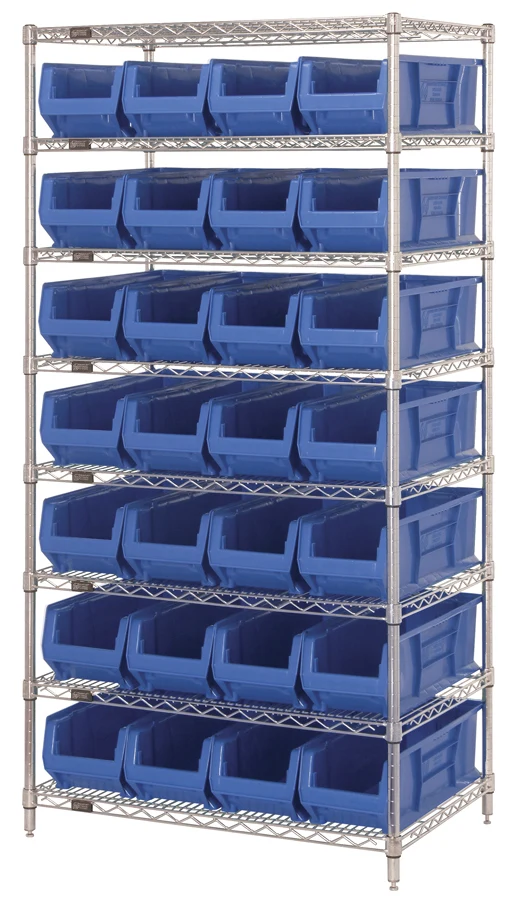 Quantum WR8-970BL Bin Wire Shelving System, 36"W x 30"D x 74"H, 800 lb capacity, Chrome