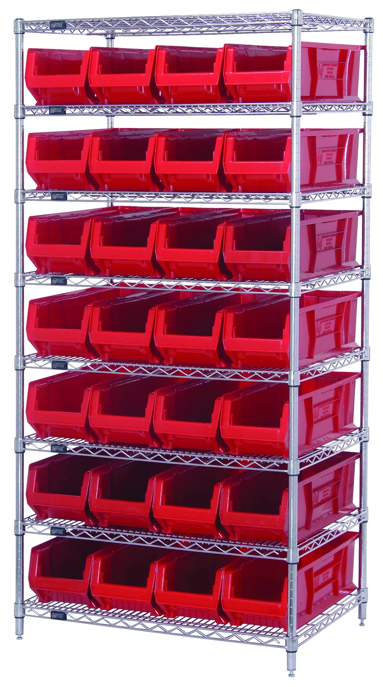 Quantum WR8-970RD Bin Wire Shelving System, 36"W x 30"D x 74"H, 800 lb capacity, Chrome