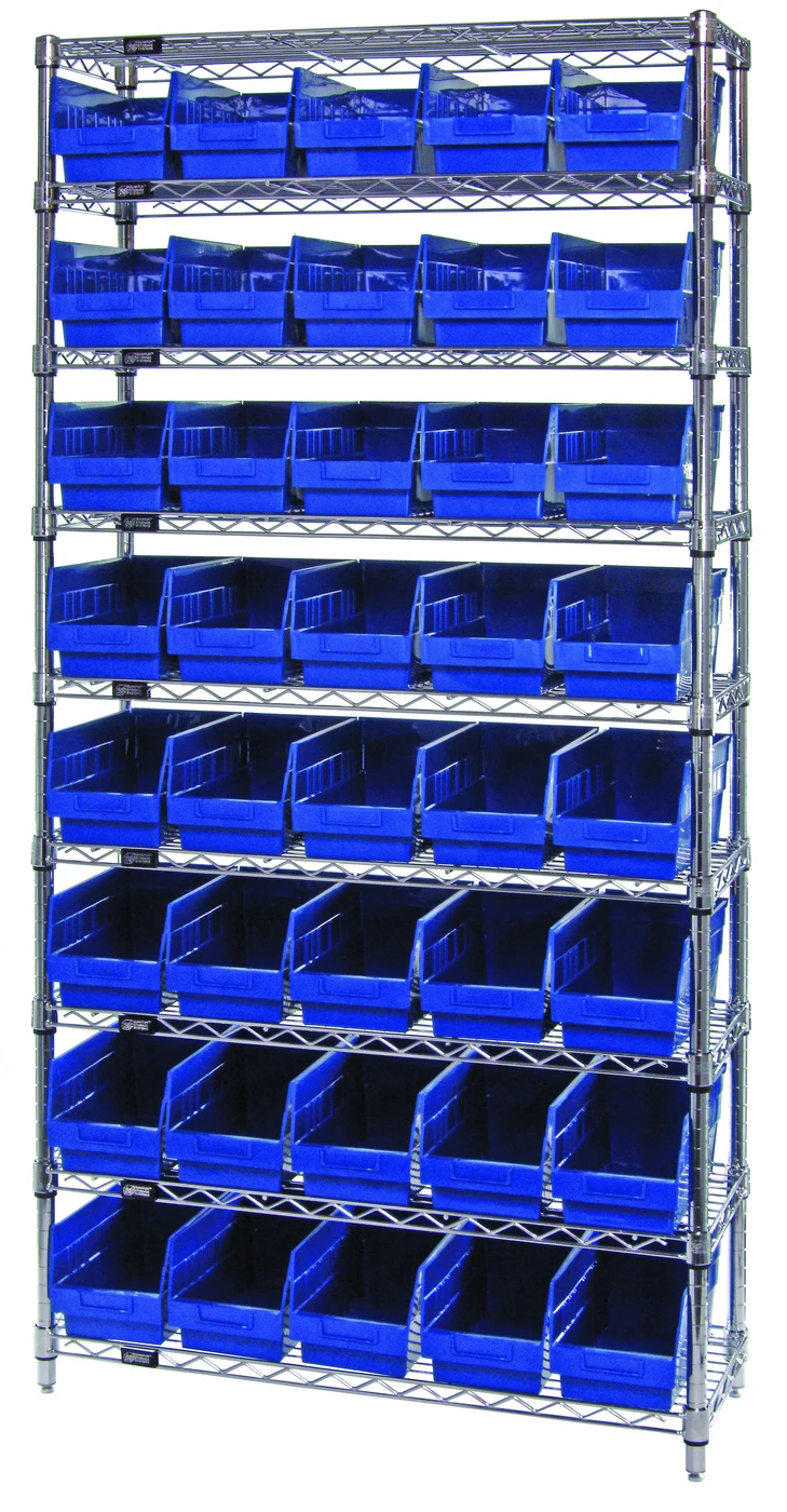 Quantum WR9-202BL Bin Wire Shelving System, 36"W x 12"D x 74"H, 800 lb capacity, Chrome
