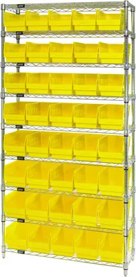 Quantum WR9-202YL Bin Wire Shelving System, 36"W x 12"D x 74"H, 800 lb capacity, Chrome