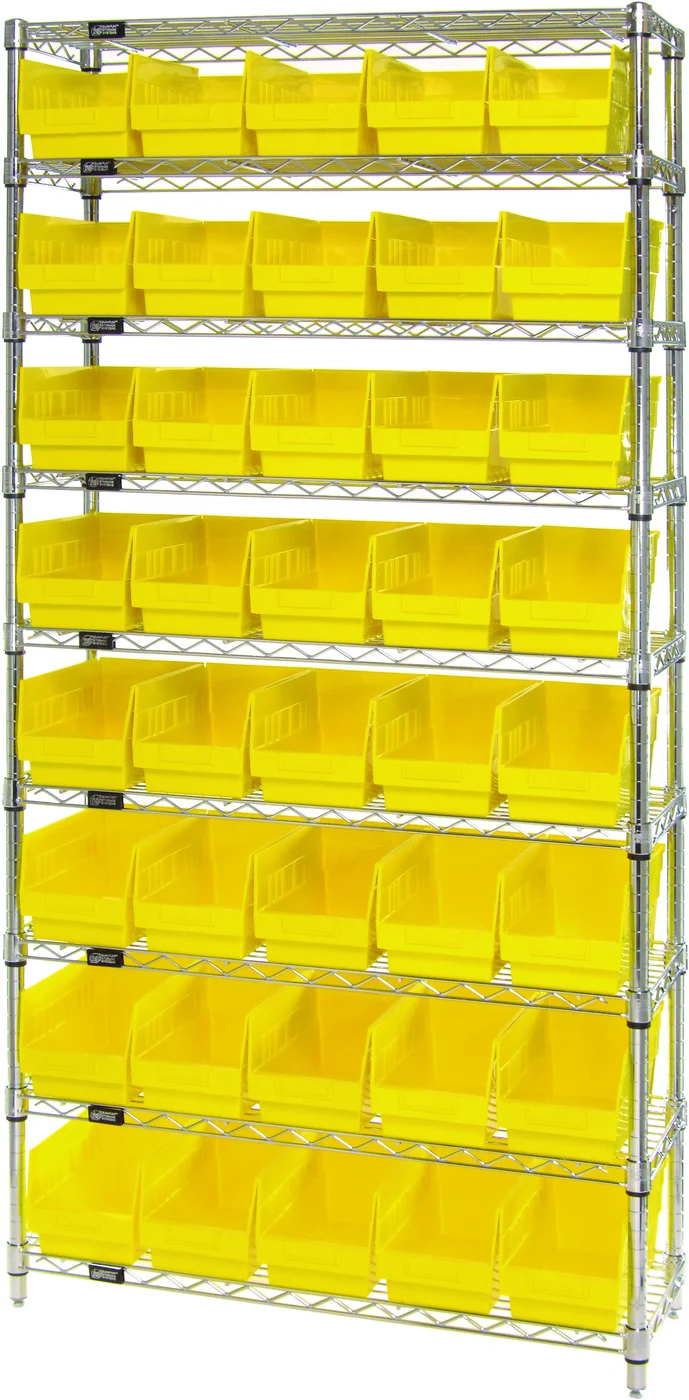 Quantum WR9-202YL Bin Wire Shelving System, 36"W x 12"D x 74"H, 800 lb capacity, Chrome