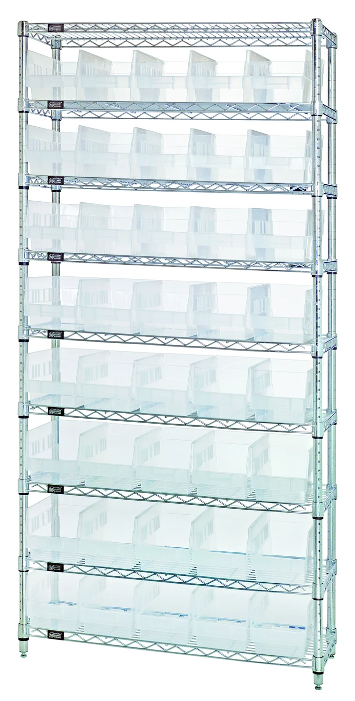 Quantum WR9-202CL Bin Wire Shelving System, 36"W x 12"D x 74"H, 800 lb capacity, Chrome