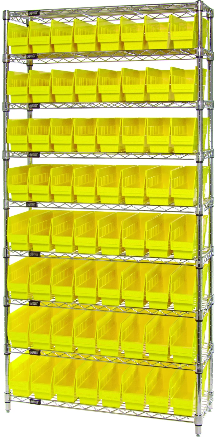 Quantum WR9-203YL Bin Wire Shelving System, 36"W x 18"D x 74"H, 800 lb capacity, Chrome