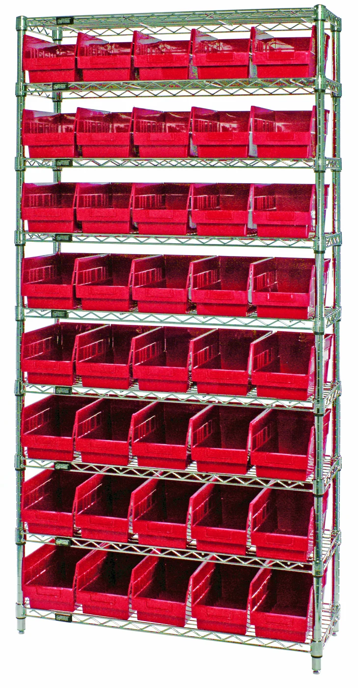 Quantum WR9-204RD Bin Wire Shelving System, 36"W x 18"D x 74"H, 800 lb capacity, Chrome