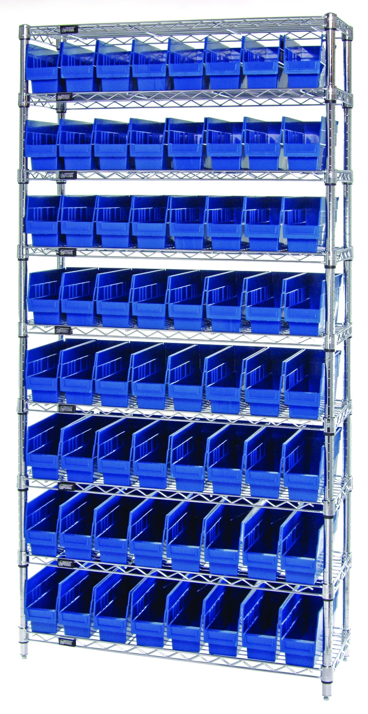 Quantum WR9-205BL Bin Wire Shelving System, 36"W x 24"D x 74"H, 800 lb capacity, Chrome