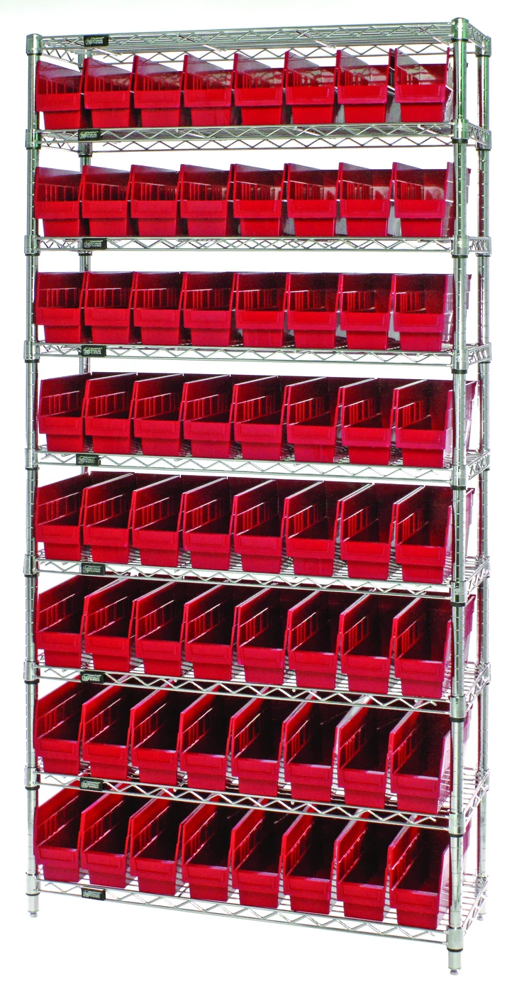 Quantum WR9-205RD Bin Wire Shelving System, 36"W x 24"D x 74"H, 800 lb capacity, Chrome