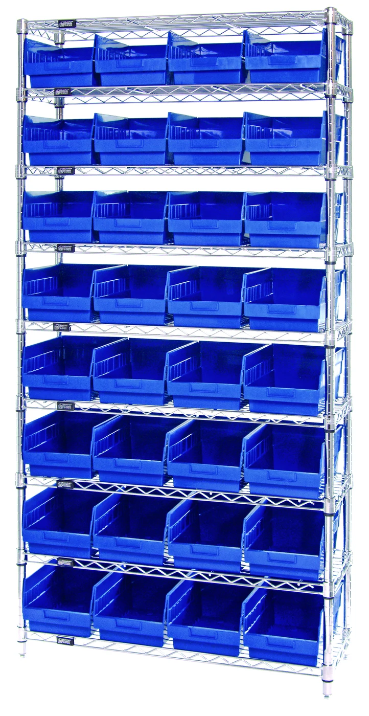 Quantum WR9-207BL Bin Wire Shelving System, 36"W x 12"D x 74"H, 800 lb capacity, Chrome