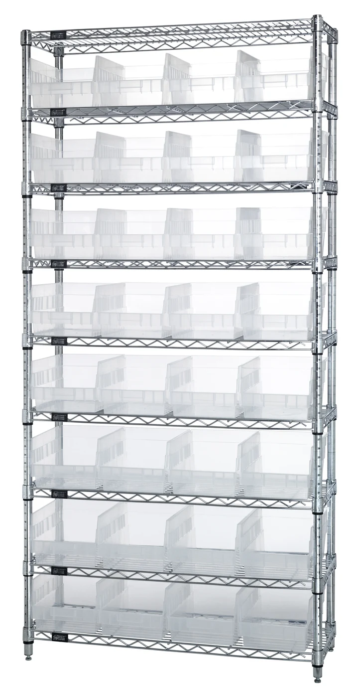 Quantum WR9-207CL Bin Wire Shelving System, 36"W x 12"D x 74"H, 800 lb capacity, Chrome