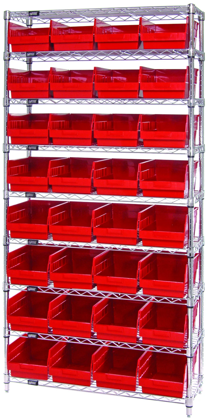 Quantum WR9-208RD Bin Wire Shelving System, 36"W x 18"D x 74"H, 800 lb capacity, Chrome