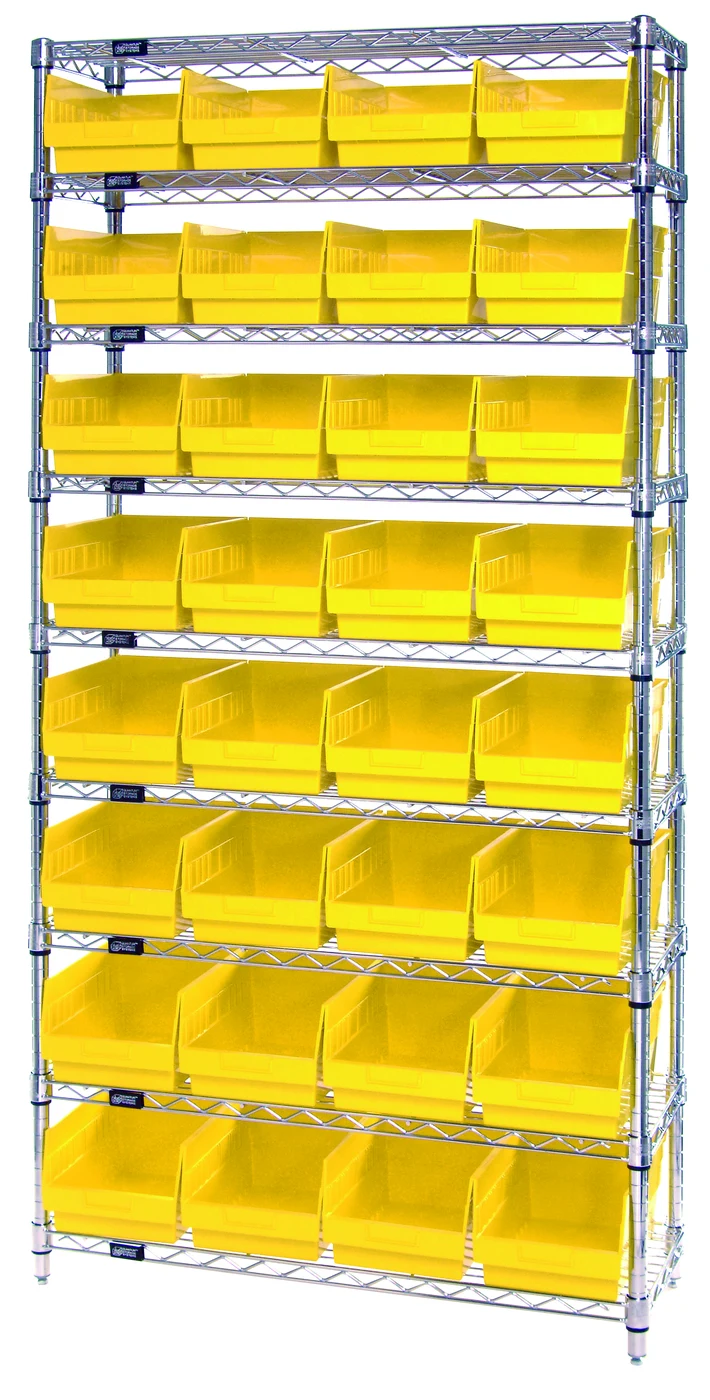 Quantum WR9-208YL Bin Wire Shelving System, 36"W x 18"D x 74"H, 800 lb capacity, Chrome