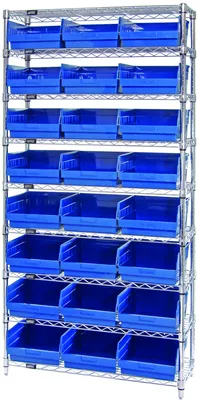 Quantum WR9-209BL Bin Wire Shelving System, 36"W x 12"D x 74"H, 800 lb capacity, Chrome