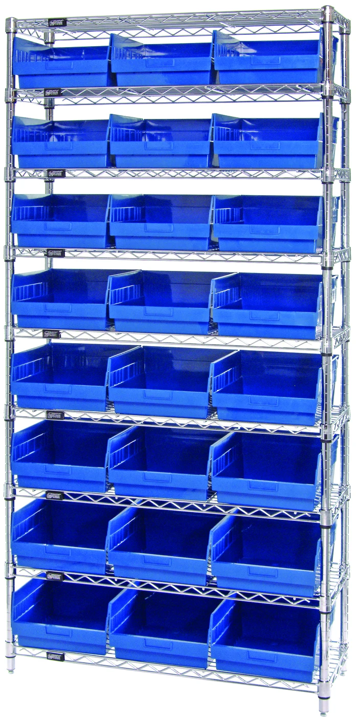 Quantum WR9-209BL Bin Wire Shelving System, 36"W x 12"D x 74"H, 800 lb capacity, Chrome