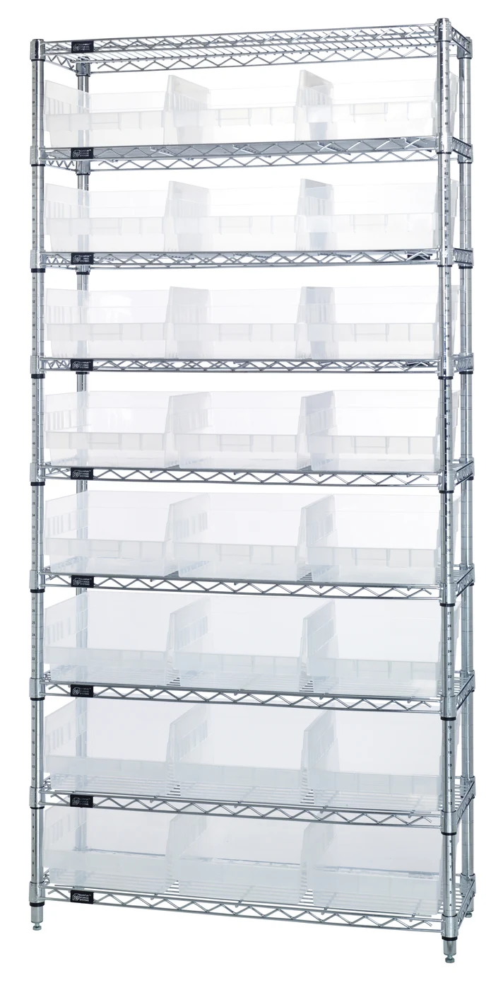 Quantum WR9-209CL Bin Wire Shelving System, 36"W x 12"D x 74"H, 800 lb capacity, Chrome