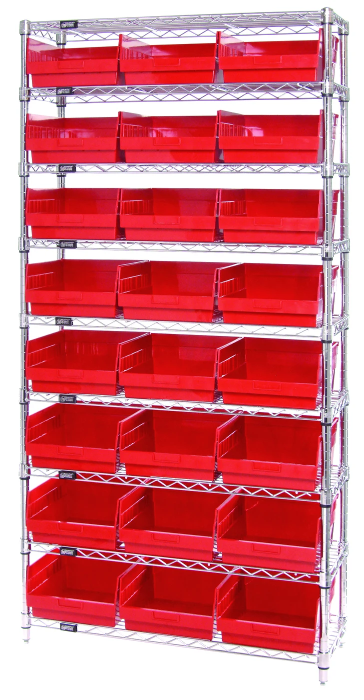 Quantum WR9-210RD Bin Wire Shelving System, 36"W x 18"D x 74"H, 800 lb capacity, Chrome