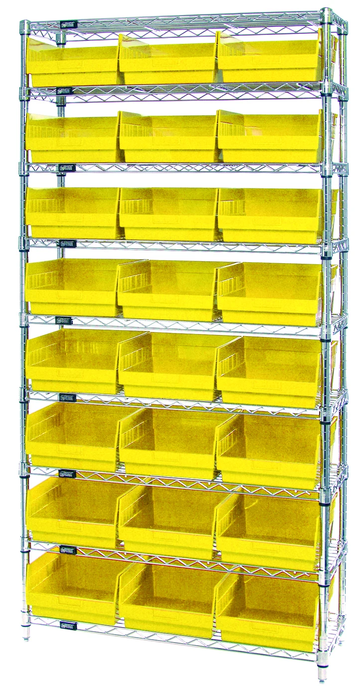 Quantum WR9-210YL Bin Wire Shelving System, 36"W x 18"D x 74"H, 800 lb capacity, Chrome