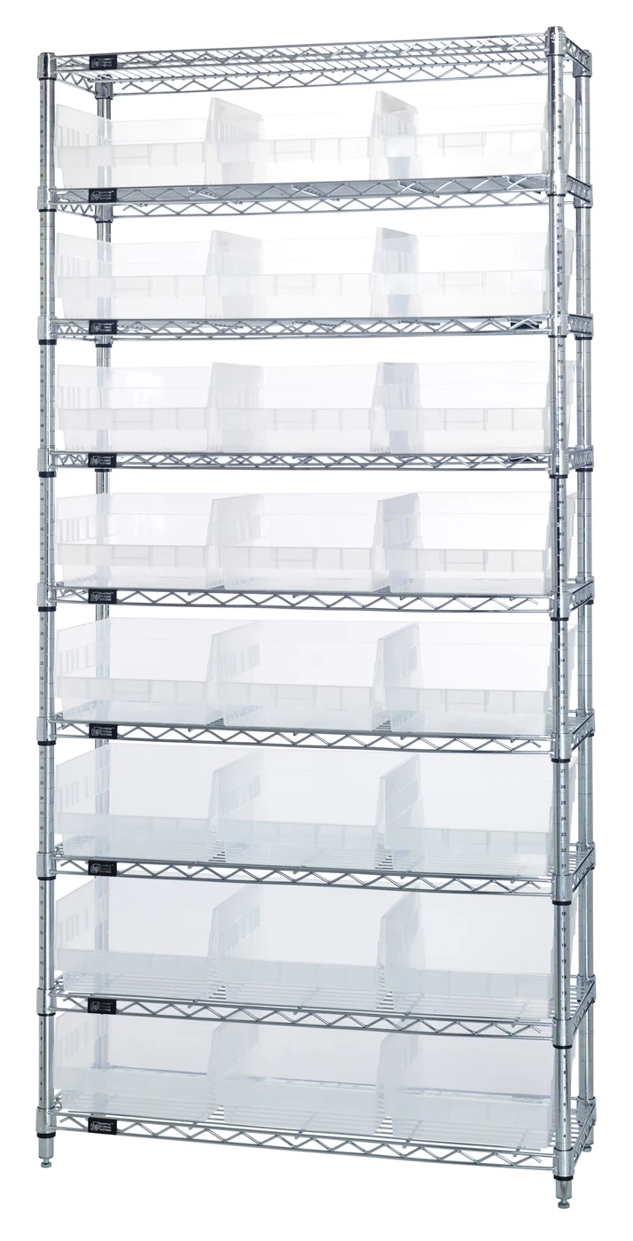 Quantum WR9-210CL Bin Wire Shelving System, 36"W x 18"D x 74"H, 800 lb capacity, Chrome