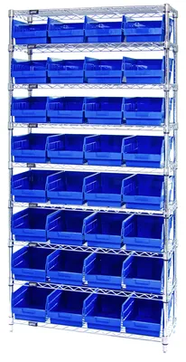 Quantum WR9-214BL Bin Wire Shelving System, 36"W x 24"D x 74"H, 800 lb capacity, Chrome