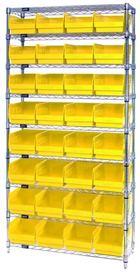 Quantum WR9-214YL Bin Wire Shelving System, 36"W x 24"D x 74"H, 800 lb capacity, Chrome