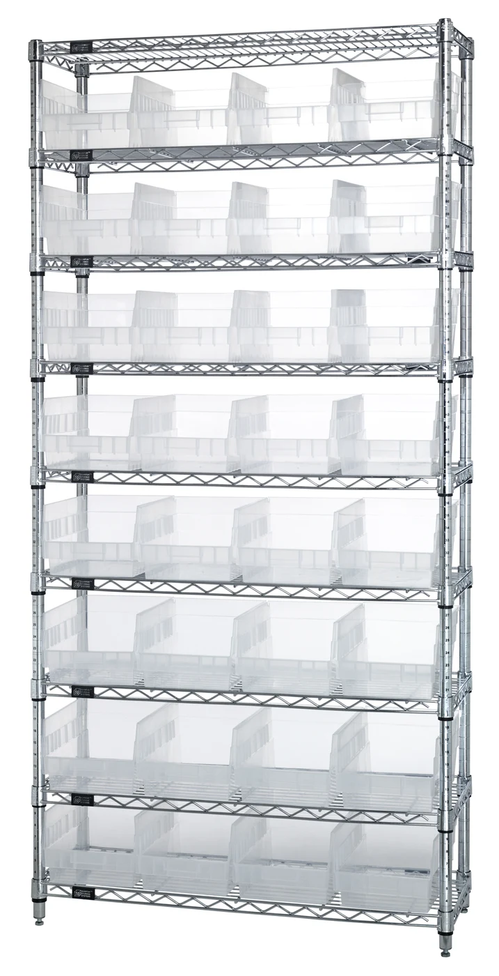 Quantum WR9-214CL Bin Wire Shelving System, 36"W x 24"D x 74"H, 800 lb capacity, Chrome