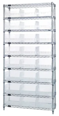 Quantum WR9-216CL Bin Wire Shelving System, 36"W x 24"D x 74"H, 800 lb capacity, Chrome