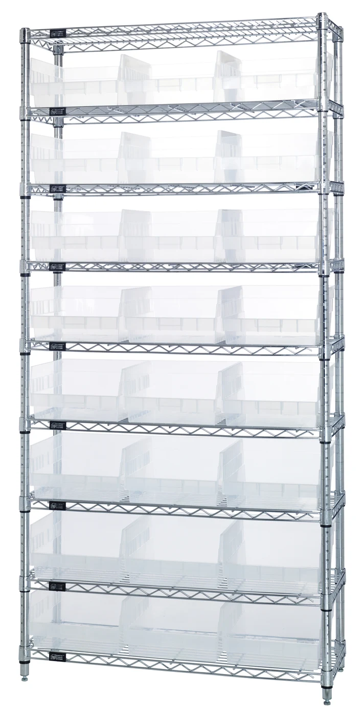 Quantum WR9-216CL Bin Wire Shelving System, 36"W x 24"D x 74"H, 800 lb capacity, Chrome