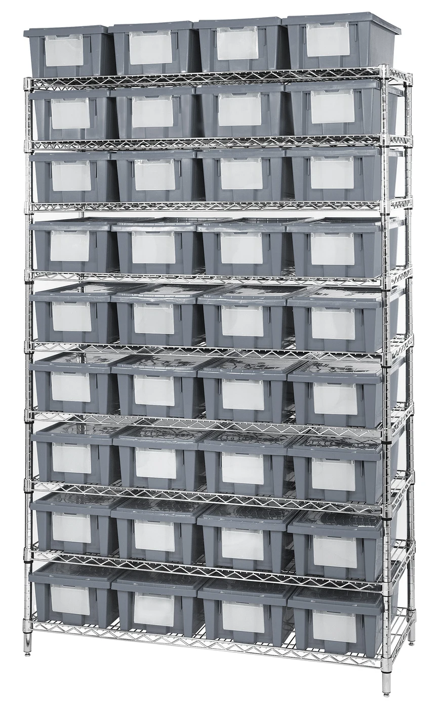 Quantum WR9-36180GY Bin Wire Shelving System, 48"W x 18"D x 74"H, 600-800 lb capacity, Chrome