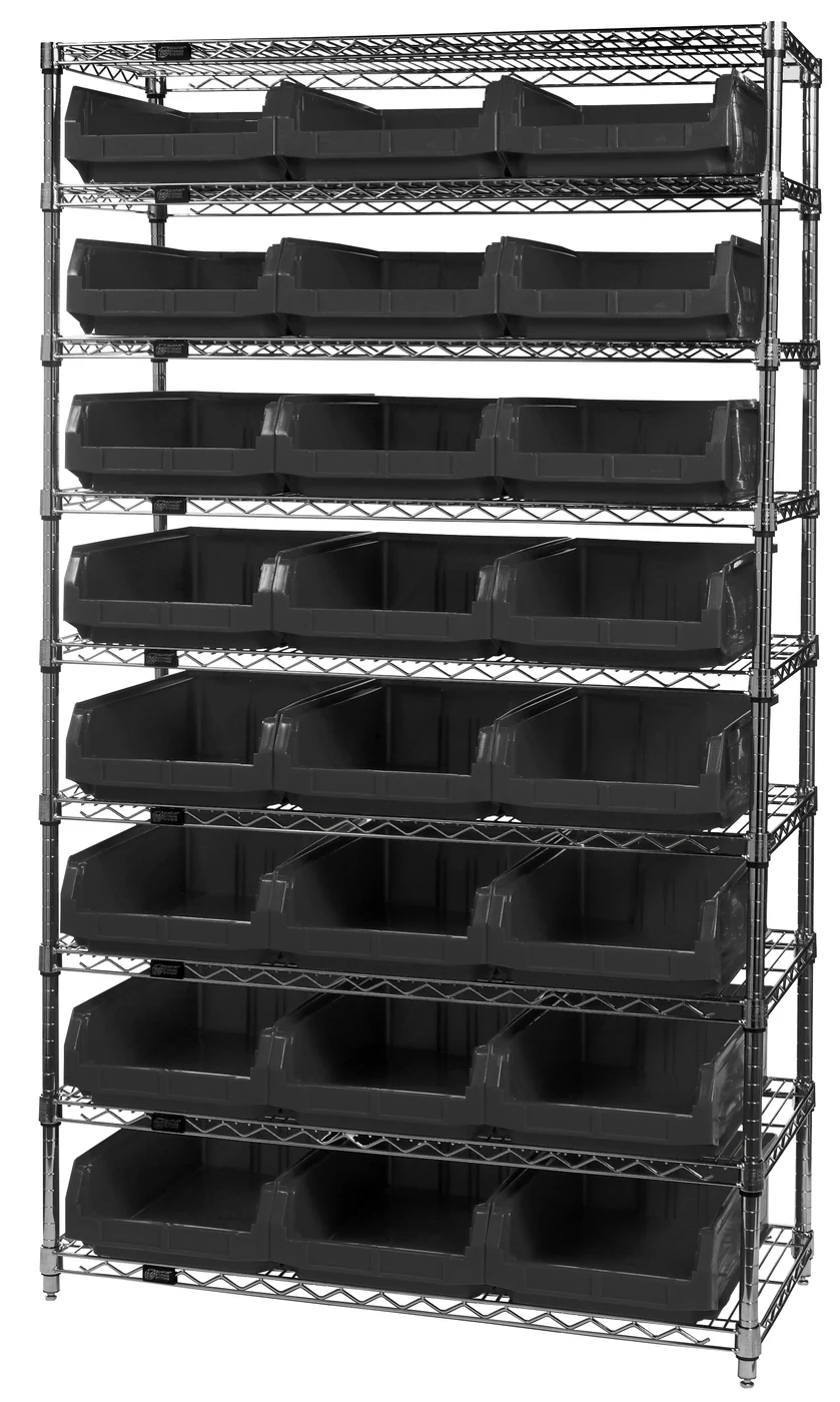 Quantum WR9-531BK Bin Wire Shelving System, 42"W x 18"D x 74"H, 800 lb capacity, Chrome
