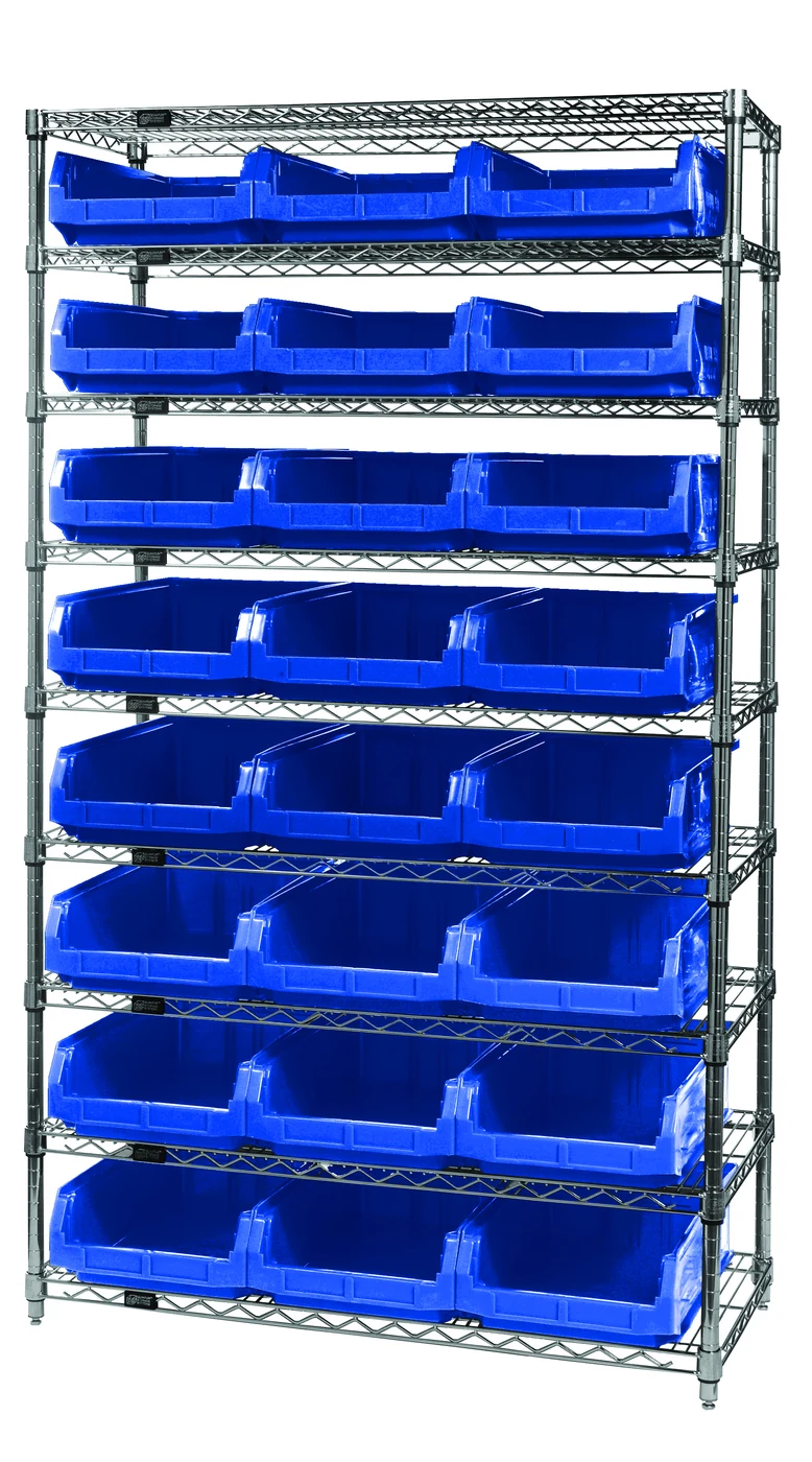 Quantum WR9-531BL Bin Wire Shelving System, 42"W x 18"D x 74"H, 800 lb capacity, Chrome