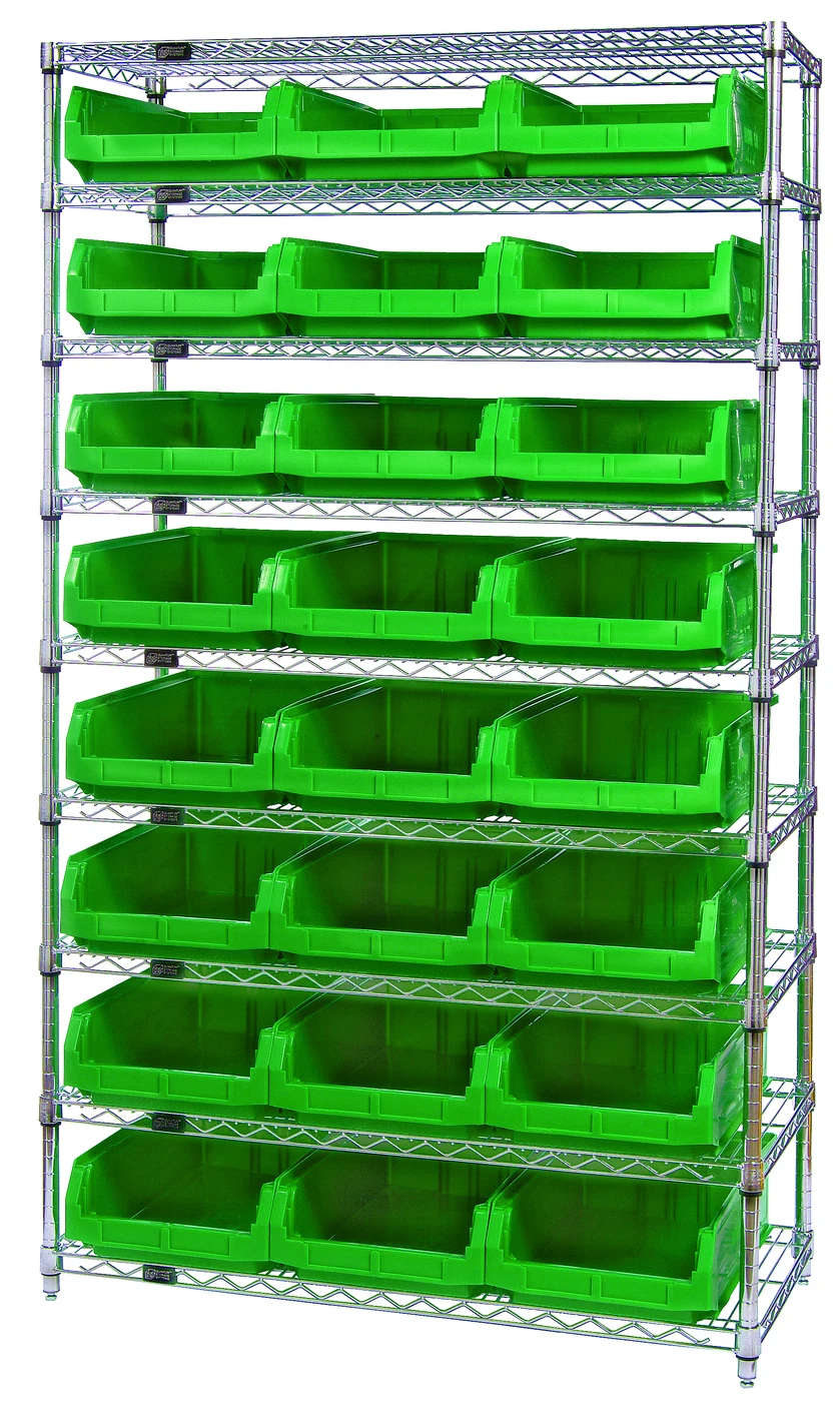 Quantum WR9-531GN Bin Wire Shelving System, 42"W x 18"D x 74"H, 800 lb capacity, Chrome