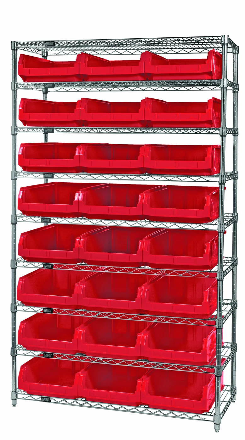 Quantum WR9-531RD Bin Wire Shelving System, 42"W x 18"D x 74"H, 800 lb capacity, Chrome