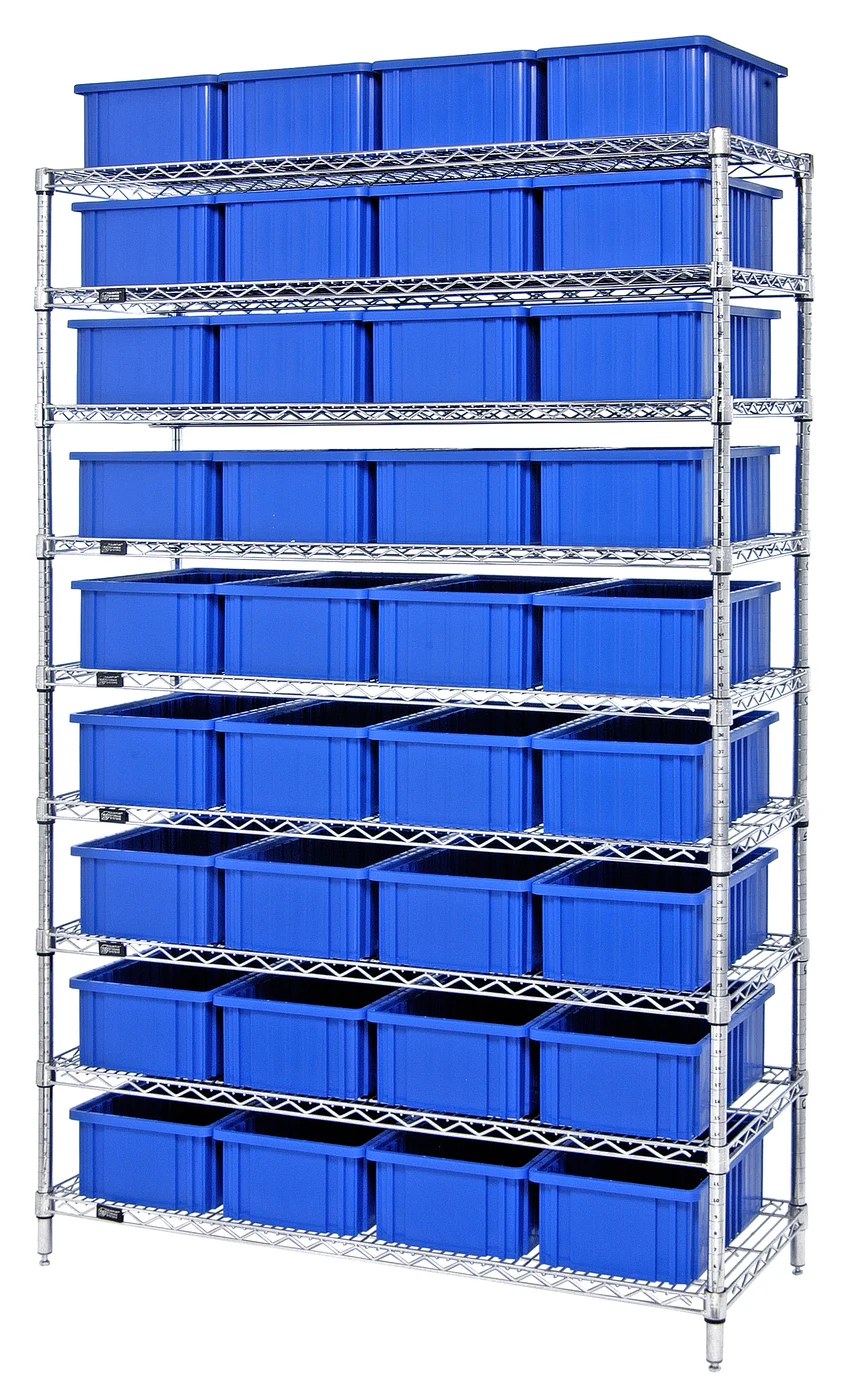 Quantum WR9-92060BL Bin Wire Shelving System, 48"W x 18"D x 74"H, 600-800 lb capacity, Chrome