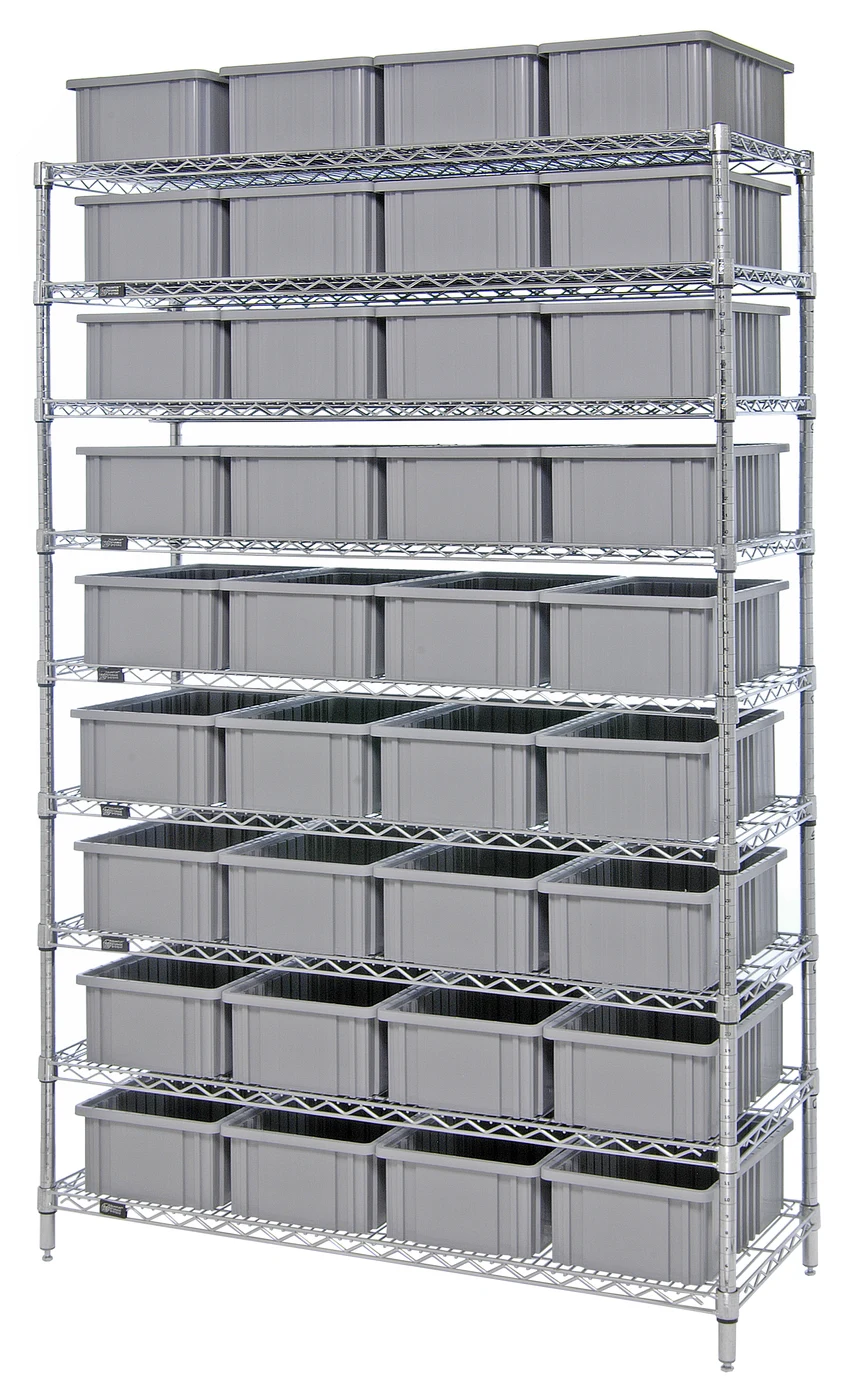 Quantum WR9-93060GY Bin Wire Shelving System, 60"W x 24"D x 74"H, 600-800 lb capacity, Chrome