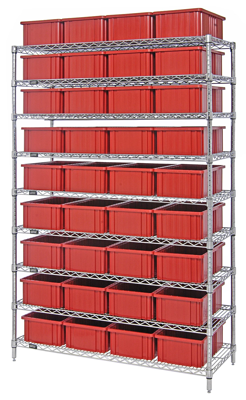 Quantum WR9-93060RD Bin Wire Shelving System, 60"W x 24"D x 74"H, 600-800 lb capacity, Chrome
