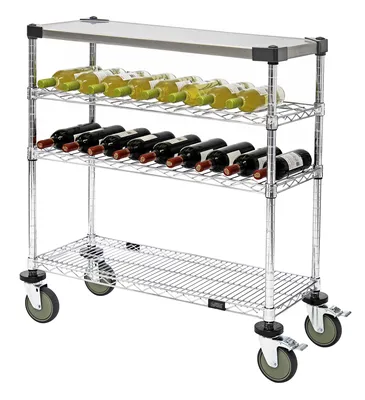 Quantum WRC-1436WSC-1SS Wine Display/Worktable Cart, 36"W x 14"D x 40"H, 1200 lb capacity, Chrome — in use