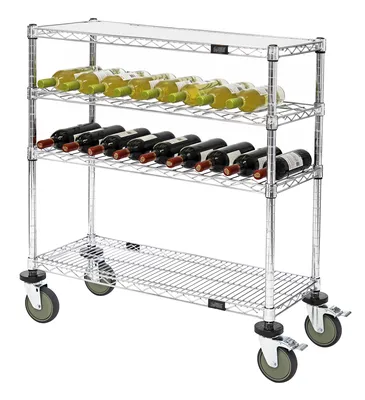 Quantum WRC-1436WSC Wine Display/Worktable Cart, 36"W x 14"D x 40"H, 1200 lb capacity, Chrome — in use