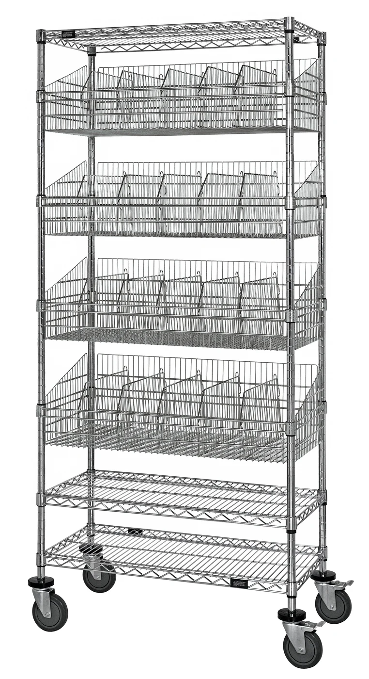 Quantum WRC74-1848C-4BSK Post Basket Cart, 48"W x 18"D x 80"H, 1200 lb capacity, Chrome