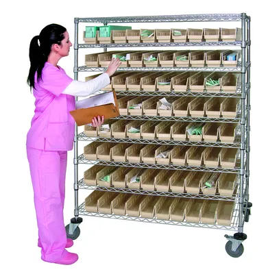 Quantum WRC9-63-2448-105CL Catheter Bin Wire Cart, 48"W x 24"D x 69"H, 1200 lb capacity, Chrome — in use